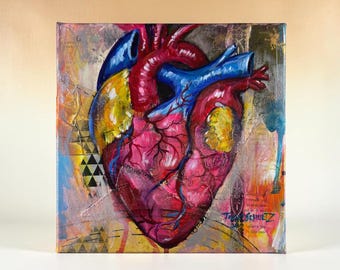 Anatomical Heart Painting Original, Abstract Realism Art, Gothic Wall Art, Colorful Mixed Media Canvas, 8x8 Small Artwork