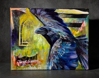 Original Mixed Media Raven Crow Painting, Colorful Animal Wall Art, 8x10 Stretched Canvas