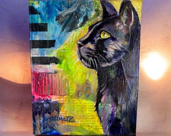Original Mixed Media Black Cat Painting, Colorful Animal Wall Art, 8x10 Stretched Canvas
