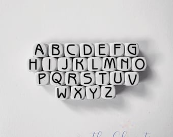 10 mm White Alphabet letter Silicone Beads, 10 mm Food Grade Silicone beads, BPA free. Jewellery, silicone crafts. 10mm Modern Font Beads