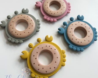 Personalized Crab Wooden and Silicone Teething Toy, Silicone Teething Toy, Teething toy, Animal toy, crab toy, dinosaur teether, Teether