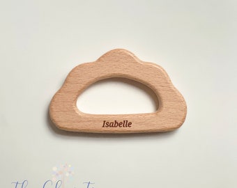 Mordedor de nube personalizado, dentición natural para bebé, mordedor de sonajero de juguete, bebé, madera de haya natural, mordedor de nube de madera