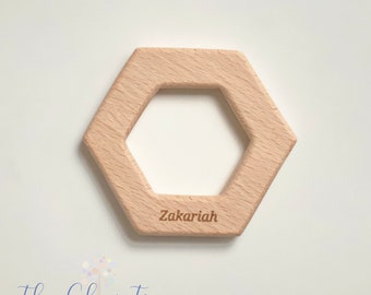 Hexagon Shaped Teethers, Personalized Teether, Natural Teething for Baby, Personalized Toy, Rattle, Natural Beech Wood, Wooden Teether