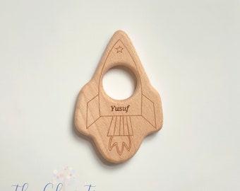 Personalized Rocket Toy, Natural Wooden Rocket Teether High Quality Baby Teething Bead Toy