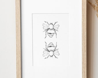 Impresión giclée de dibujo de abeja, arte mural minimalista de abeja