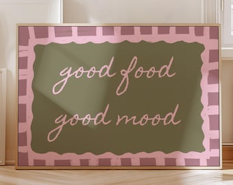 Good Food Good Mood Quote Minimal Modern Colourful Kitchen Dining Wall Foodie Art Print Pink Green Poster