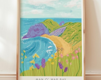 Man O'War Beach Dorset Landscape Illustration Durdle Door Travel Wall Art