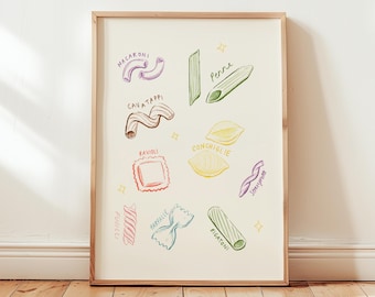 Pasta Shapes Minimal Modern Colourful Kitchen Dining Wall Foodie Art Print