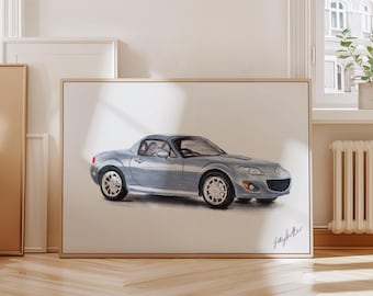 Retrato de un Mazda MX5, boceto, lámina artística gris, ilustración dibujada a mano, regalo para amantes de los coches.