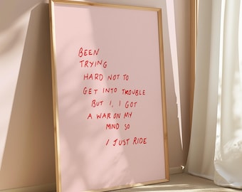 Impresión de la letra de "Ride" de Lana Del Rey: Póster de música indie