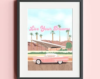 Ilustración de coche retro Vive tus sueños, impresión de palmeras, rosa, boho, original, A4