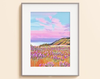 Paisaje de campos de lavanda al atardecer en tonos púrpura y rosa, impresión digital de pintura al óleo, arte mural