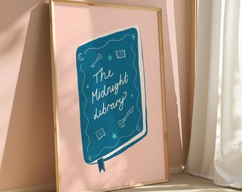 The Midnight Library Book Lover Library Wall Art Print Pink and Blue