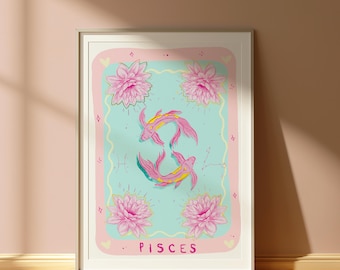 Lámina artística del signo zodiacal Piscis: Ilustración astrológica colorida (disponible en A4/A3)