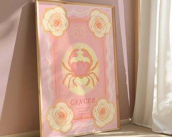 Lámina artística del zodiaco Cáncer: Ilustración celestial rosa y amarilla