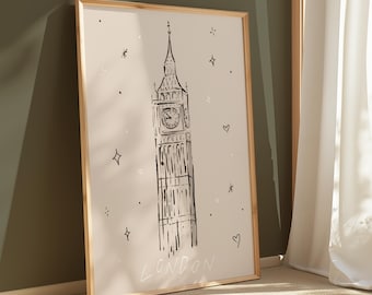 Impresión minimalista del Big Ben de Londres: bocetos en blanco y negro