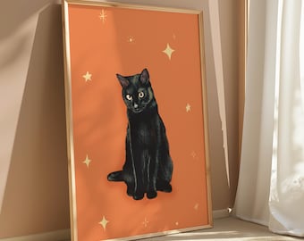 Impresión artística de gato negro: Póster giclée de Halloween en naranja vibrante