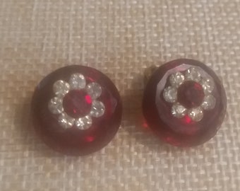 Vintage Rhinestone  Flower on Red Faceted Acrylic Drop Clip On Earrings