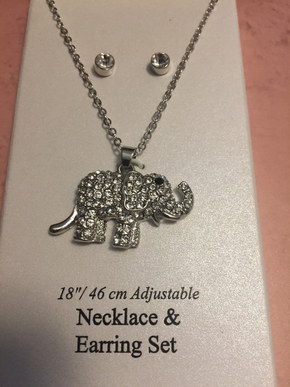 Rhinestone Elephant Necklace and Earring Set