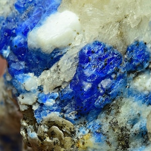 Op de afbeelding: Close-up van een blauw en wit mineraalmonster. Het mineraal heeft een ruw, getextureerd oppervlak en is samengesteld uit kleine, kristallijne structuren. De blauwe kristallen zijn verspreid door de witte matrix.