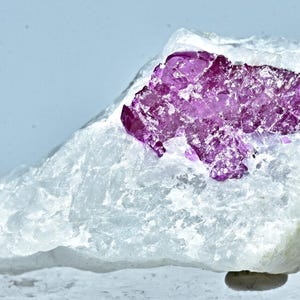 May include: A pink ruby crystal embedded in a white rock. The ruby is a deep pink color and has a rough, natural texture. The rock is white and has a smooth, polished surface.