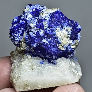 May include: A cluster of deep blue Lapis Lazuli crystals with white calcite and gold pyrite inclusions. The crystals are set on a bed of white calcite.