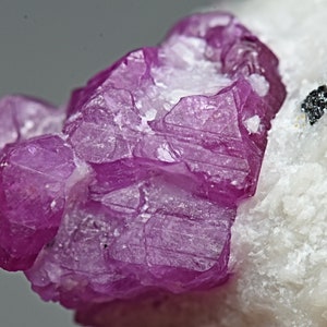 Op de afbeelding: Een cluster van roze robijnkristallen op een witte matrix. De kristallen zijn gefacetteerd en hebben een glazige glans.