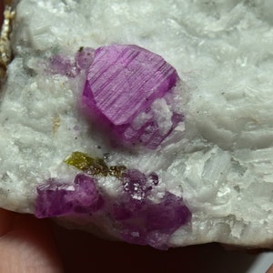 Può includere: Un gruppo di cristalli di rubino rosa su una matrice bianca. Il cristallo più grande è rosa intenso e ha una superficie striata. Ci sono cristalli di rubino più piccoli che circondano il cristallo più grande.