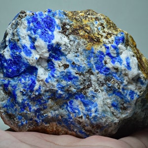 May include: A rough, natural specimen of Lapis Lazuli with a blue, white, and gold color pattern. The stone is a mix of blue, white, and gold.