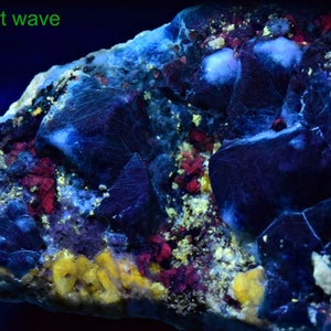 May include: A close-up of a rock with a variety of colors, including blue, purple, red, and yellow. The rock is illuminated with a short wave UV light, causing it to fluoresce.