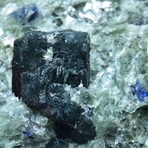 Rare Dravite Tourmaline Crystal W/ small Sapphire on Green Mica Matrix 248 Gram