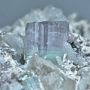 May include: A close-up of a light blue and pink crystal with a striated surface. The crystal is surrounded by smaller, white crystals.