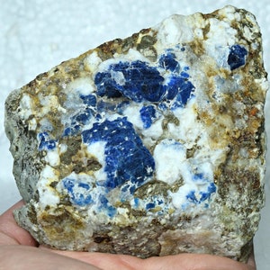 May include: A rough, natural rock specimen with blue, white, and gold mineral inclusions. The blue mineral is lazurite, the white mineral is calcite, and the gold mineral is pyrite.