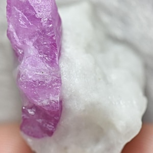 May include: A vibrant pink ruby crystal with a rough, faceted surface. The crystal is attached to a white, opaque matrix.
