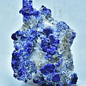 May include: A close-up of a mineral specimen featuring a cluster of deep blue crystals embedded in a matrix of white and gray. The crystals have a rich, saturated color, and the overall texture is rough and uneven.