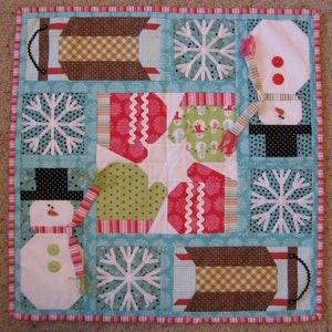 Winter Snowy Day Quilt Pattern, Snowman, sleds, mittens, snowflakes, table top quilt, wall hanging, PDF Digital pattern