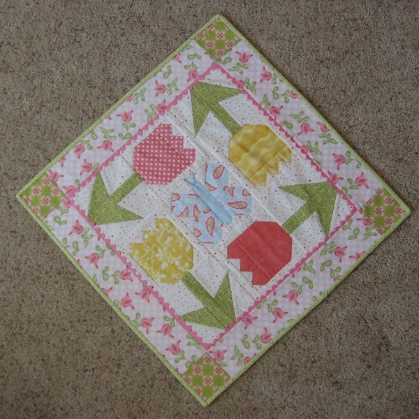 Spring Garden Quilt Pattern, table runner, table top quilt, wall hanging, tulips, butterfly