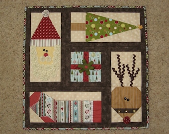 Country Christmas Quilt Pattern, Table top quilt, wall hanging, applique, Santa, Christmas Tree, Stocking, Reindeer, Present, PDF pattern