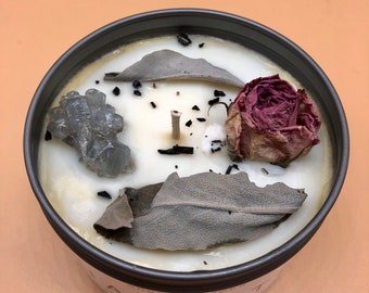 NAMASTE Soy Candle with Calcite Crystal, Intention Candle, Natural Candle with Hemp Wick, Jasmine, Frankincense & Wild Orange, 8oz