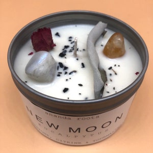 May include: A white candle in a silver tin with the text "NEW MOON". The candle is decorated with a gray stone, a yellow stone, dried rose petals, and black specks. The candle is scented with eucalyptus, citrine, and tourmaline.