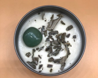 Money Soy Candle with Aventurine, Intention Candle, Crystal Candle with Hemp Wick, Lavender, Lemon & Rosemary 8oz