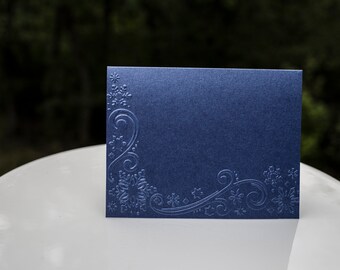 Set of 5 - Winter Flourish Corner Pattern Embossed Blue Blank Card/Thank You Card and Contrasting Envelopes (A2)