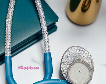 Bling Stethoscope, Caribbean Blue Littmann Classic III & Lightweight II SE, Handcrafted Nurse Gift