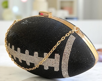Black Rhinestone Football Purse, Stylish Clutch with Gold Hardware and Chain Straps