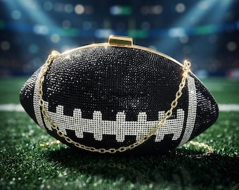 Black Rhinestone Football Purse | Game Day Crossbody Clutch with Gold Hardware & Chain Straps
