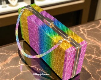 Rainbow Rhinestone sparkly wristlet: Bling purse, bedazzled Crossbody, Clutch with Gold Chain, fashionista gift