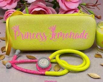 Littmann Classic III Bling stethoscope: Neon Pink Crystals, Yellow Glitter Case, Custom Nurse Gift