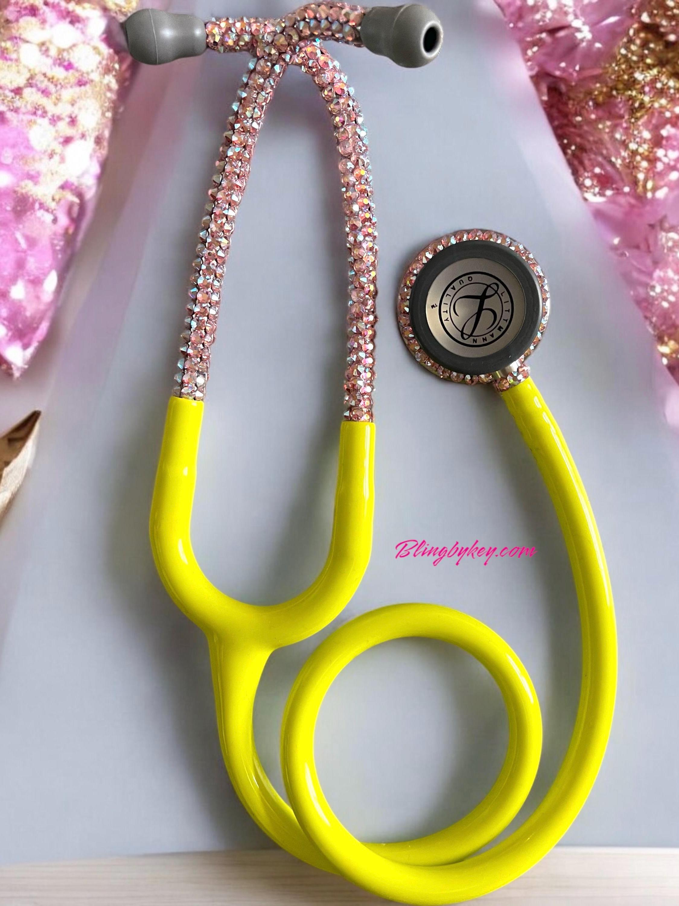 Littmann Stethoscope: Ray of sunshine, lemon Lime Yellow handcrafted with AB Pink Preciosa Crystals