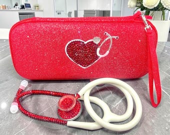Handmade White Stethoscope with Red Rhinestones: Medical Practitioner Gift