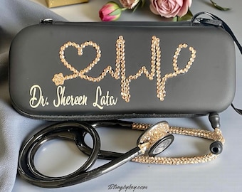 Essential Crown Bling Stethoscope: Custom Littmann, Black with Gold Rhinestones, personalized sparkle name case